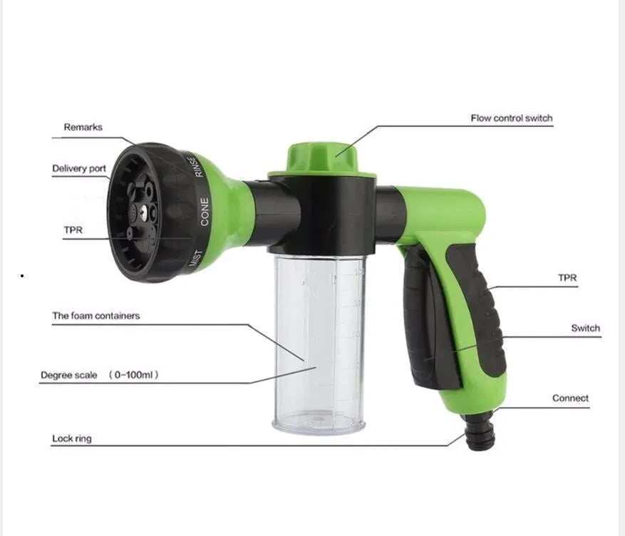 Green high-pressure foam spray gun with adjustable nozzle and attached water pipe for car and garden cleaning.