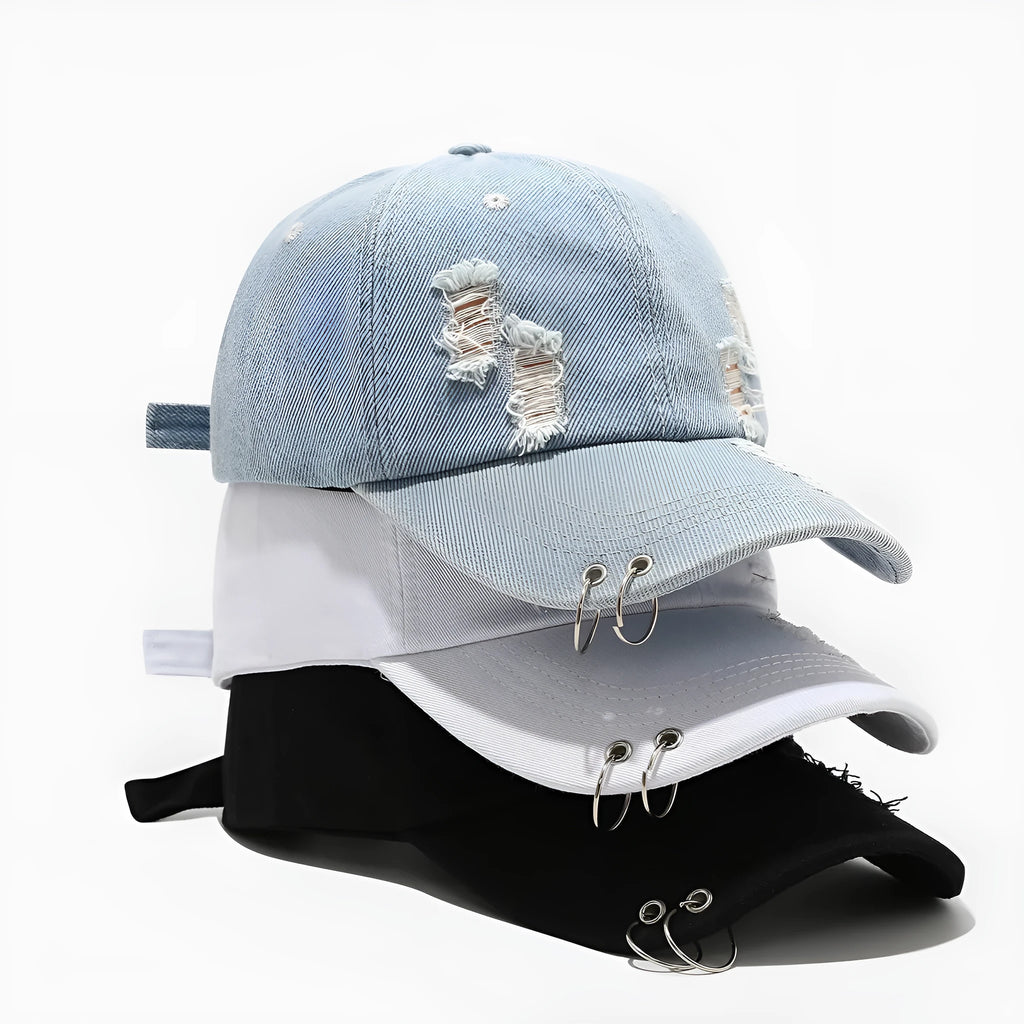 Men's adjustable denim peaked cap in black, shown from the side on a mannequin head