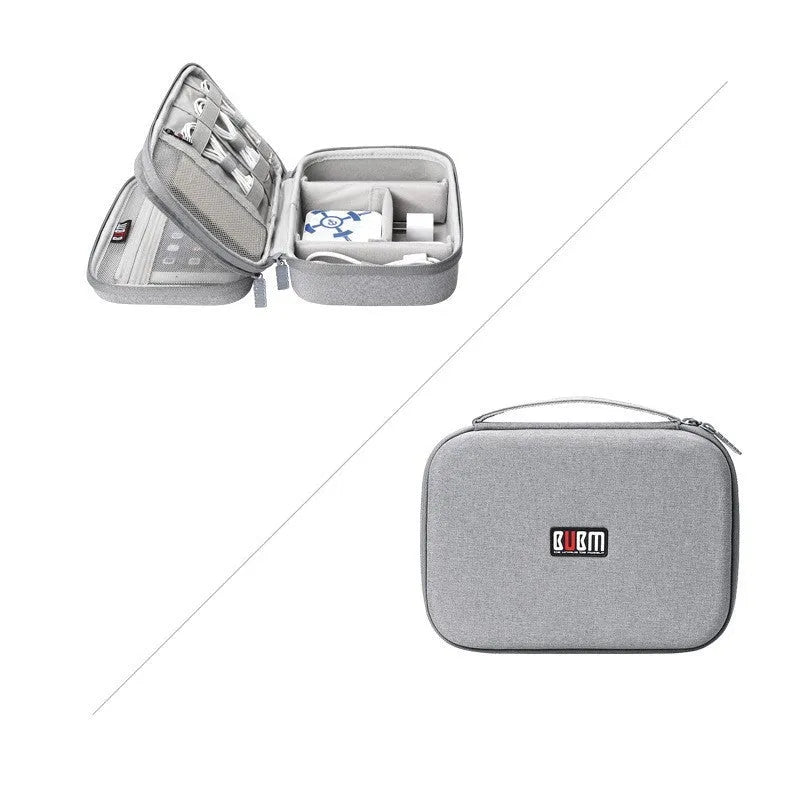 Black and grey EVA digital storage bags for organising headphones and cables, showing single and double layer options.