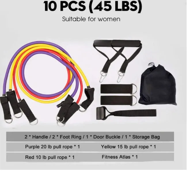 Rally resistance band set with latex ropes handles foot rings and door buckle on black storage bag