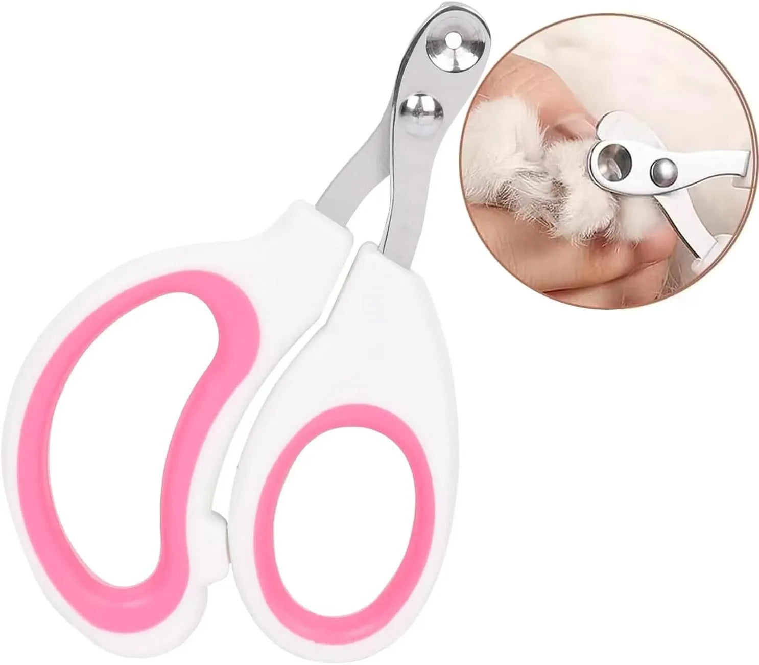 Blue cat nail clippers with circular cutting hole and cushioned non-slip handles on a white background.