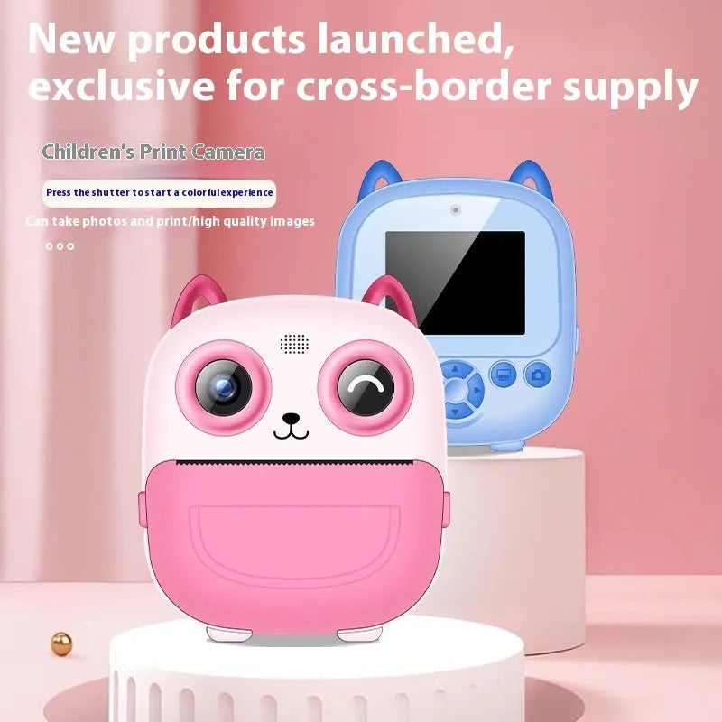 Mini HD children's digital camera with 2.4 inch screen, ABS plastic body, in blue or pink, with instant photo printing