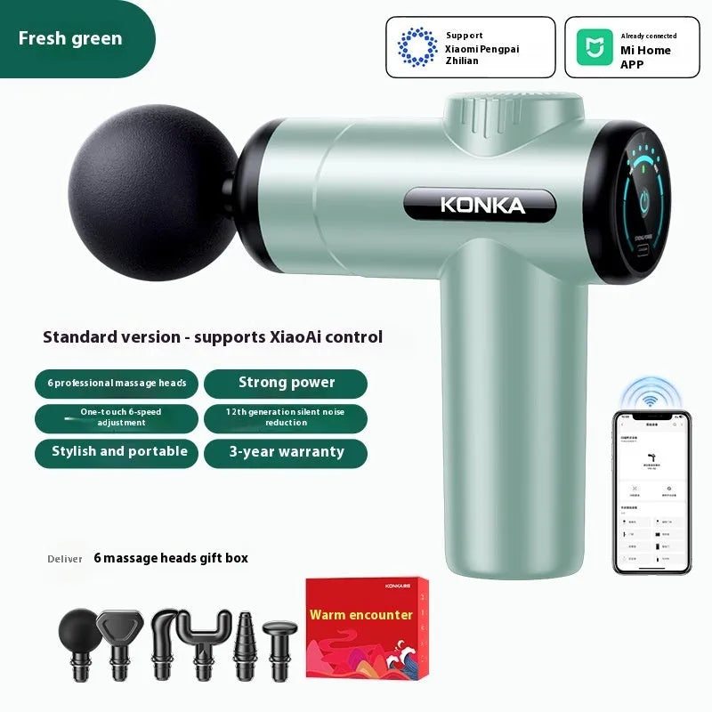 Konka electric mini massage gun with multiple massage head attachments on a gray background.