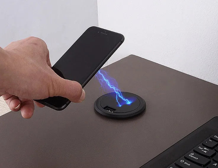 Black embedded wireless phone charger for furniture installation with 60mm diameter