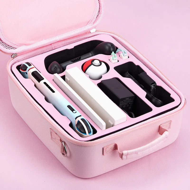 Switch console storage bag in black with shoulder strap, holding game cartridges.