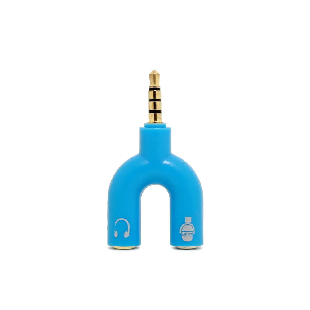 White 3.5mm audio splitter adapter with one male and two female gold-plated connectors on a dark background.