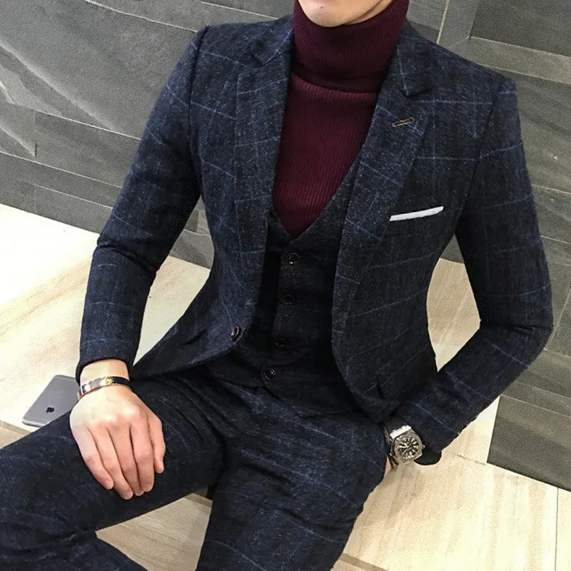 Thick slim fit plaid suit for men in linen microfiber polyester blend, single breasted skinny fit, sizes L to 5XL
