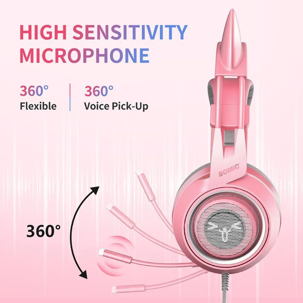 G951s pink cat ear gaming headset with 3.5mm plug, built-in mic, and adjustable headband