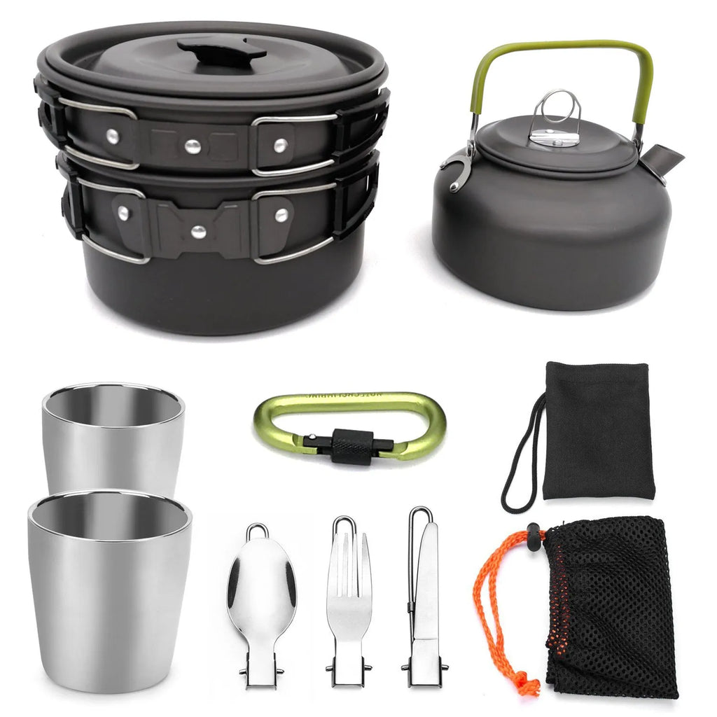 Hard alumina camping cookware set with saucepan, frying pan, 800ml teapot, two 175ml stainless steel cups, cutlery and mesh bag