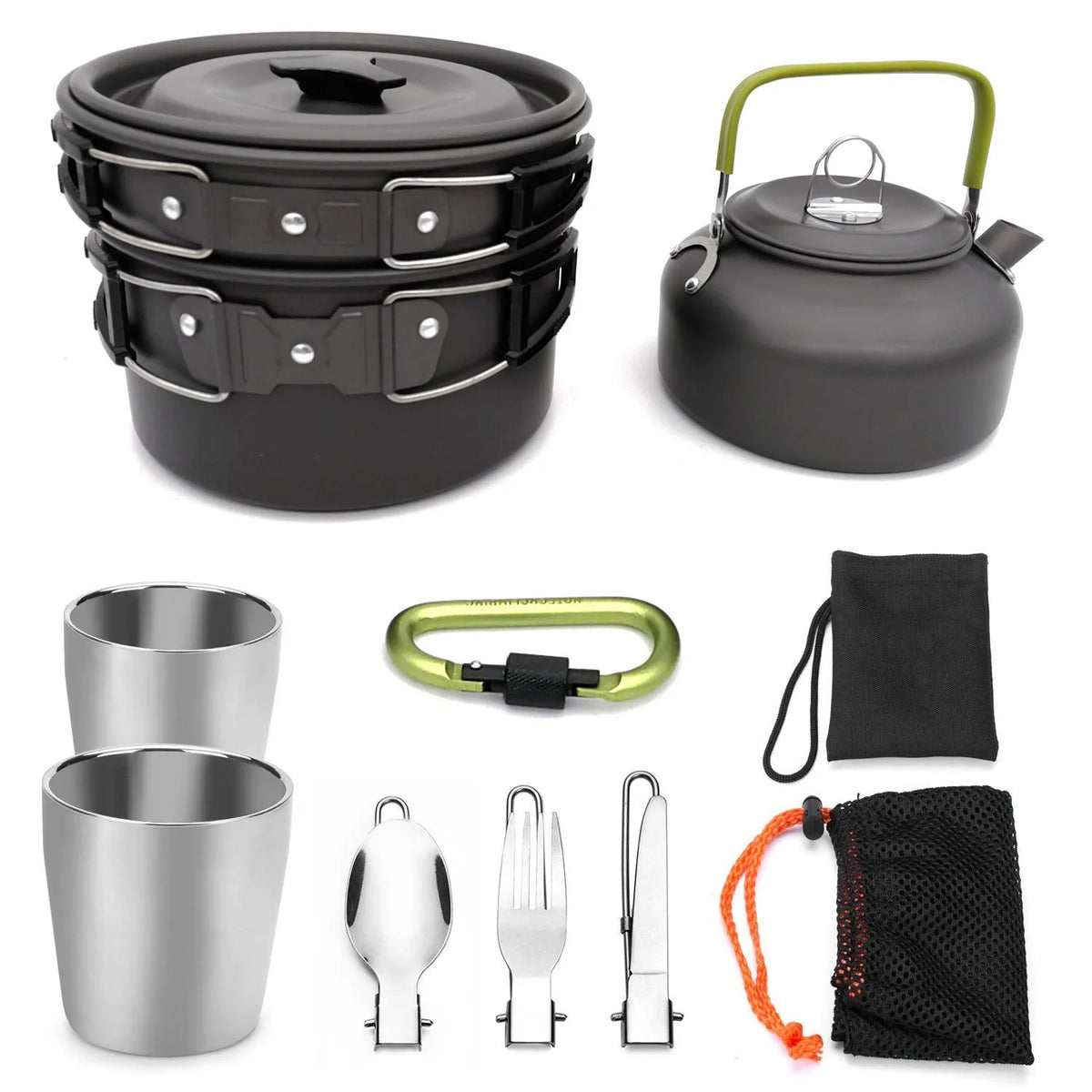 Hard alumina camping cookware set with saucepan, frying pan, 800ml teapot, two 175ml stainless steel cups, cutlery and mesh bag