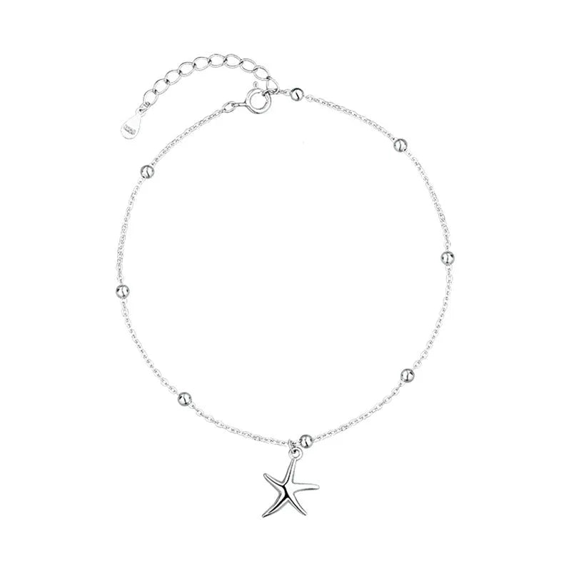 Women's sterling silver anklet with a starfish charm on a round bead chain.