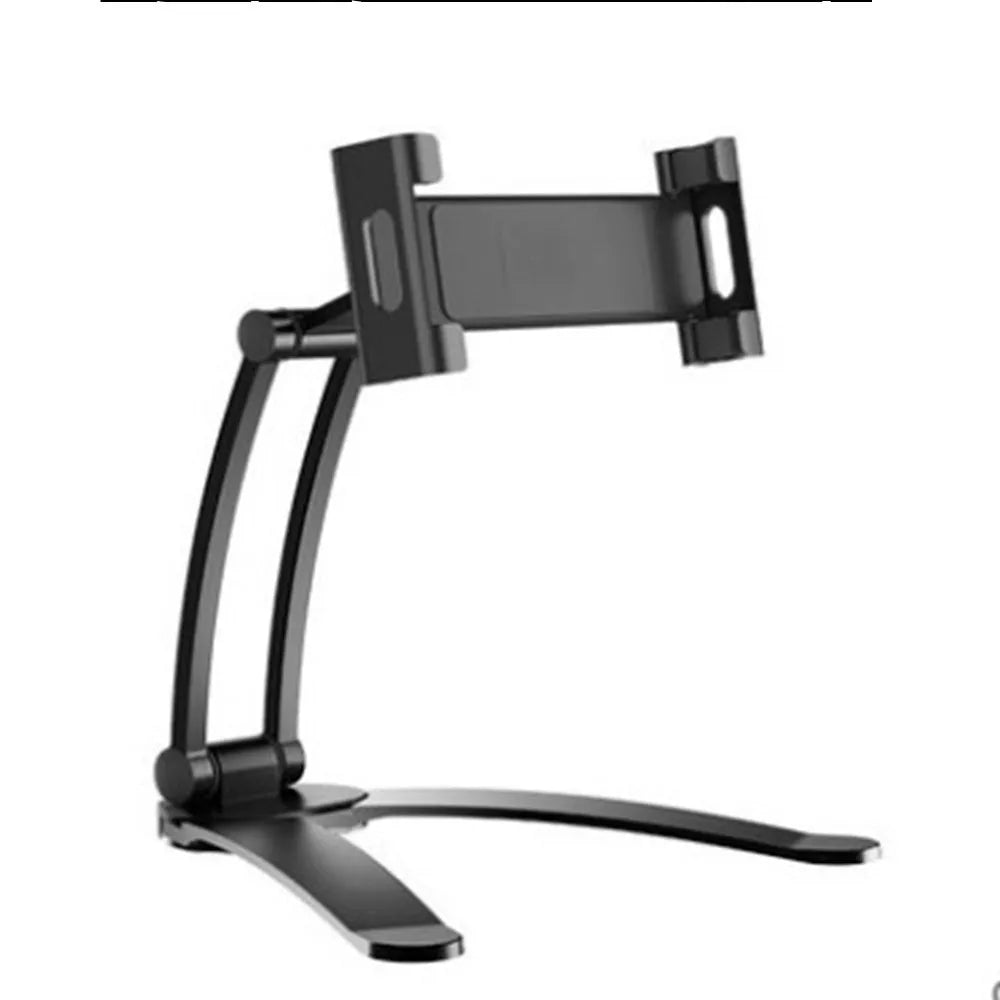 Silver aluminum alloy desktop stand holding a tablet at an angle, showing its adjustable clip and 360-degree rotation base.
