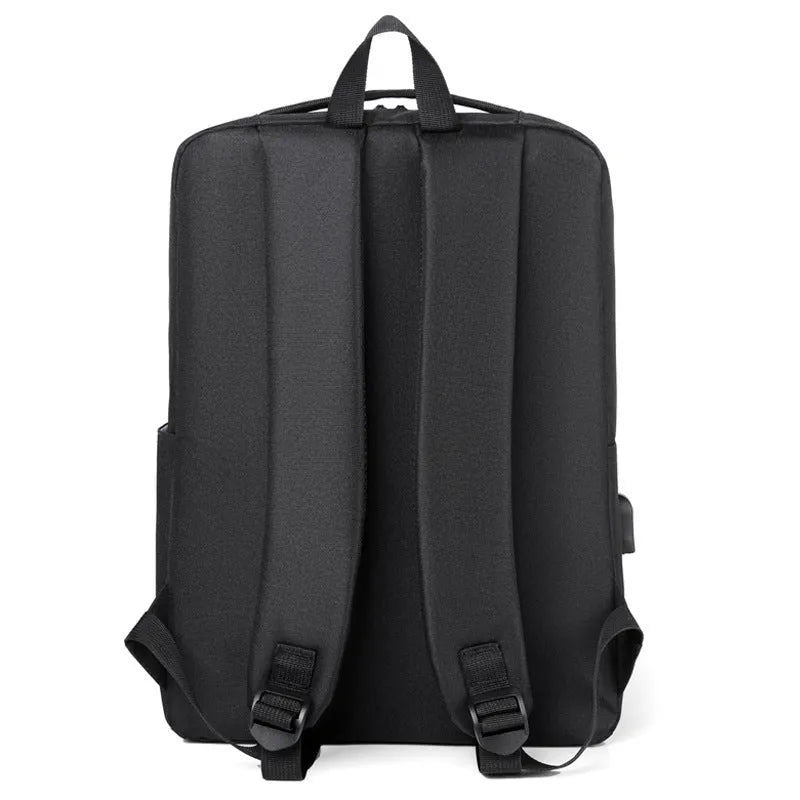 Men's black waterproof Oxford cloth business backpack with curved straps and 20-35L capacity.