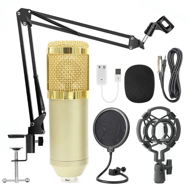BM-800 condenser microphone on a desktop stand, shown in various colour options including black, silver, and white.