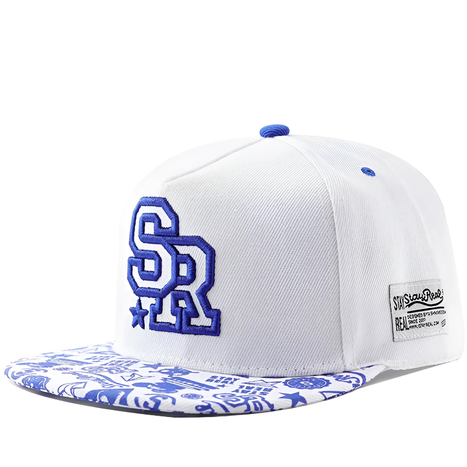 Cotton baseball hat with letter embroidery in SR white colour showing dome crown style