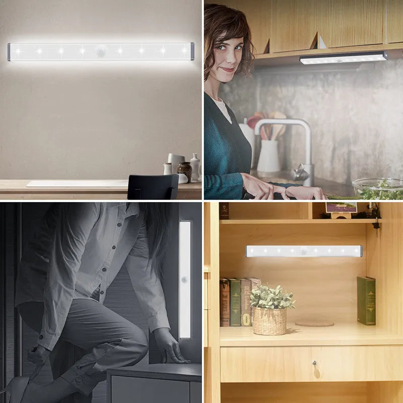Aluminium LED closet light with magnetic back, shown illuminating a wardrobe interior.
