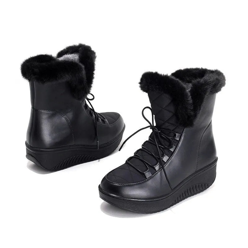Black women's winter boots with lace-up closure, water-resistant PU leather upper, and plush lining.