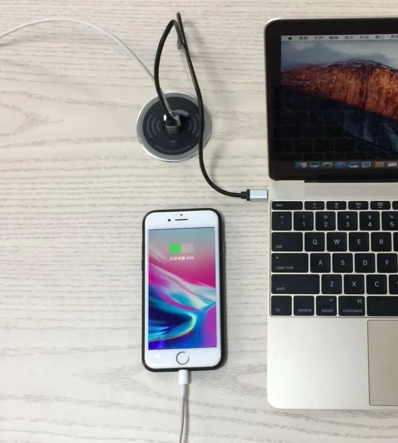 Black desktop embedded Qi wireless charger with 60mm inner diameter for desk hole installation