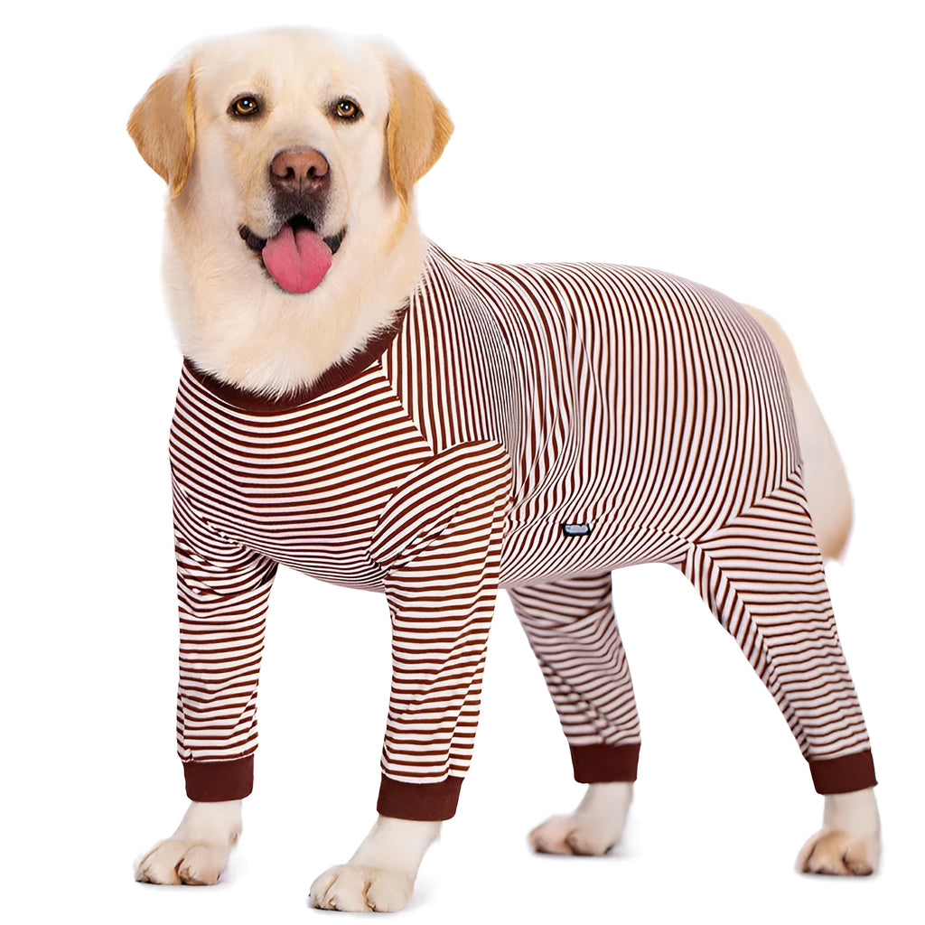 A striped polyester dog shirt for large breeds, shown in a sky blue colour with a four-legged design.