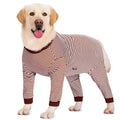 A striped polyester dog shirt for large breeds, shown in a sky blue colour with a four-legged design.