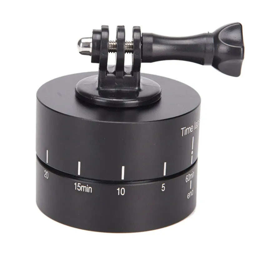 Lapse 360-degree auto rotate motorised camera tripod head on a tripod.