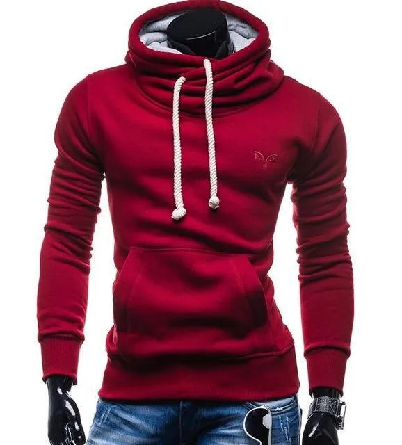 Men's pullover hoodie with drawstring hood in dark grey, khaki, light grey, or red, sizes S to XXL