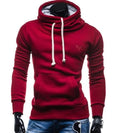Men's pullover hoodie with drawstring hood in dark grey, khaki, light grey, or red, sizes S to XXL