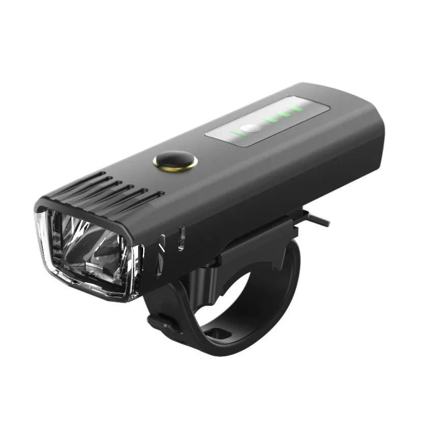LED night bike lights set in black with built-in 1500 mAh rechargeable battery and USB charging cable