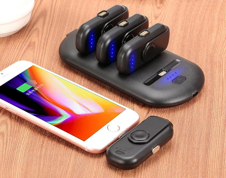 Portable magnetic charging power bank set with 5000mAh base and four 1000mAh finger chargers in black