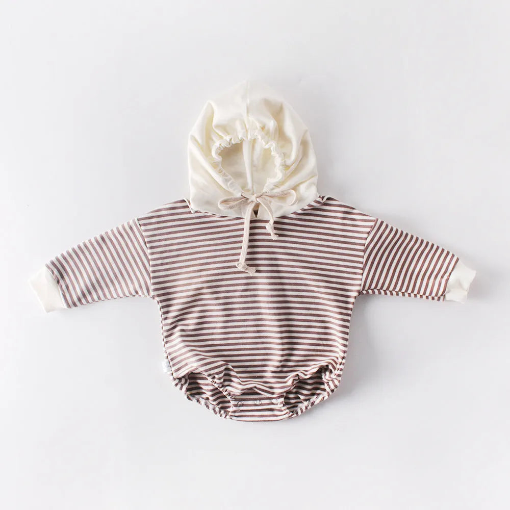 Baby striped hooded one-piece climbing suit in black stripe, 100% cotton, sizes 66-90cm