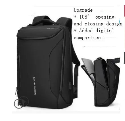 Oxford cloth black backpack with 108° opening and USB charging port, 20-35L capacity