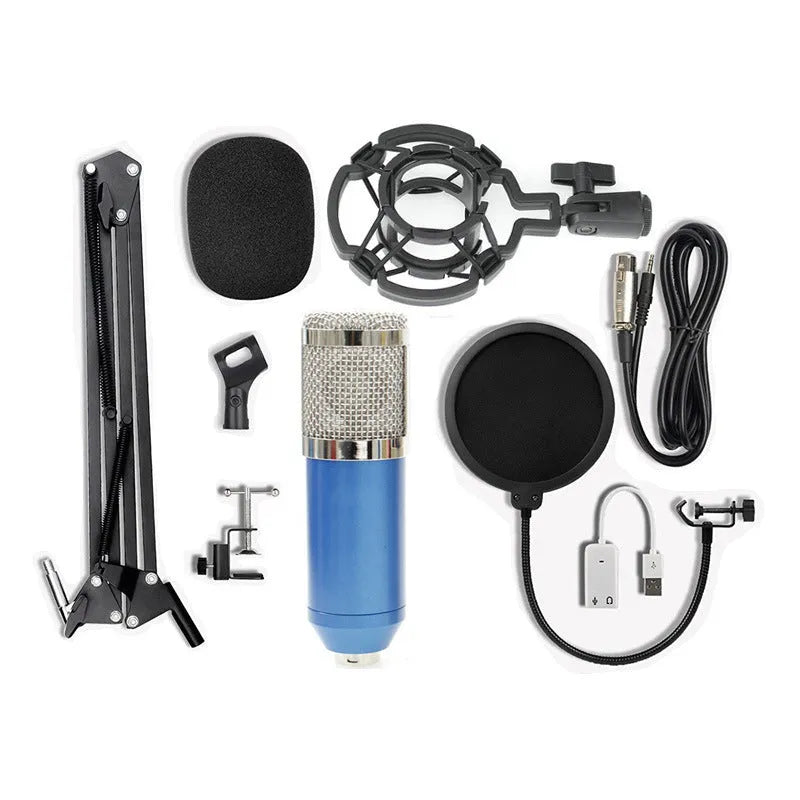 BM-800 condenser microphone on a desktop stand, shown in various colour options including black, silver, and white.