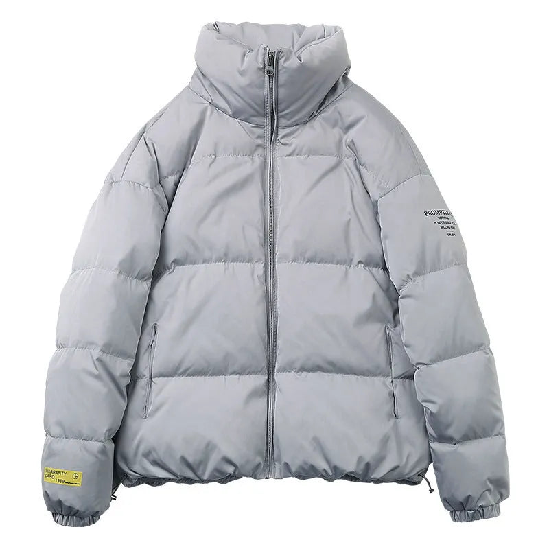 Men's stand collar padded jacket with zip front, side slit pockets, and straight hem in black, green, or grey.