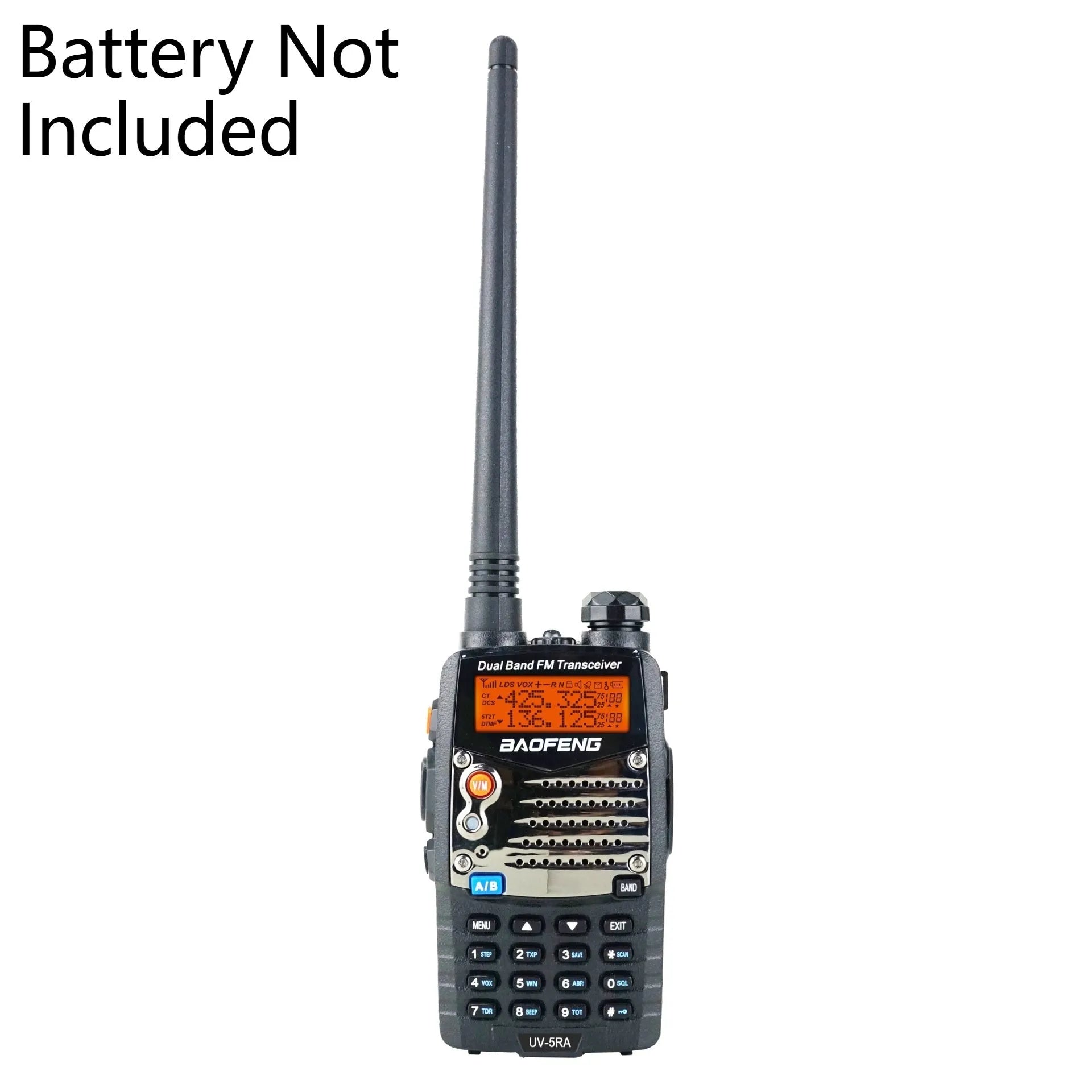 Baofeng UV-5RA handheld dual band two-way radio on a grey background.