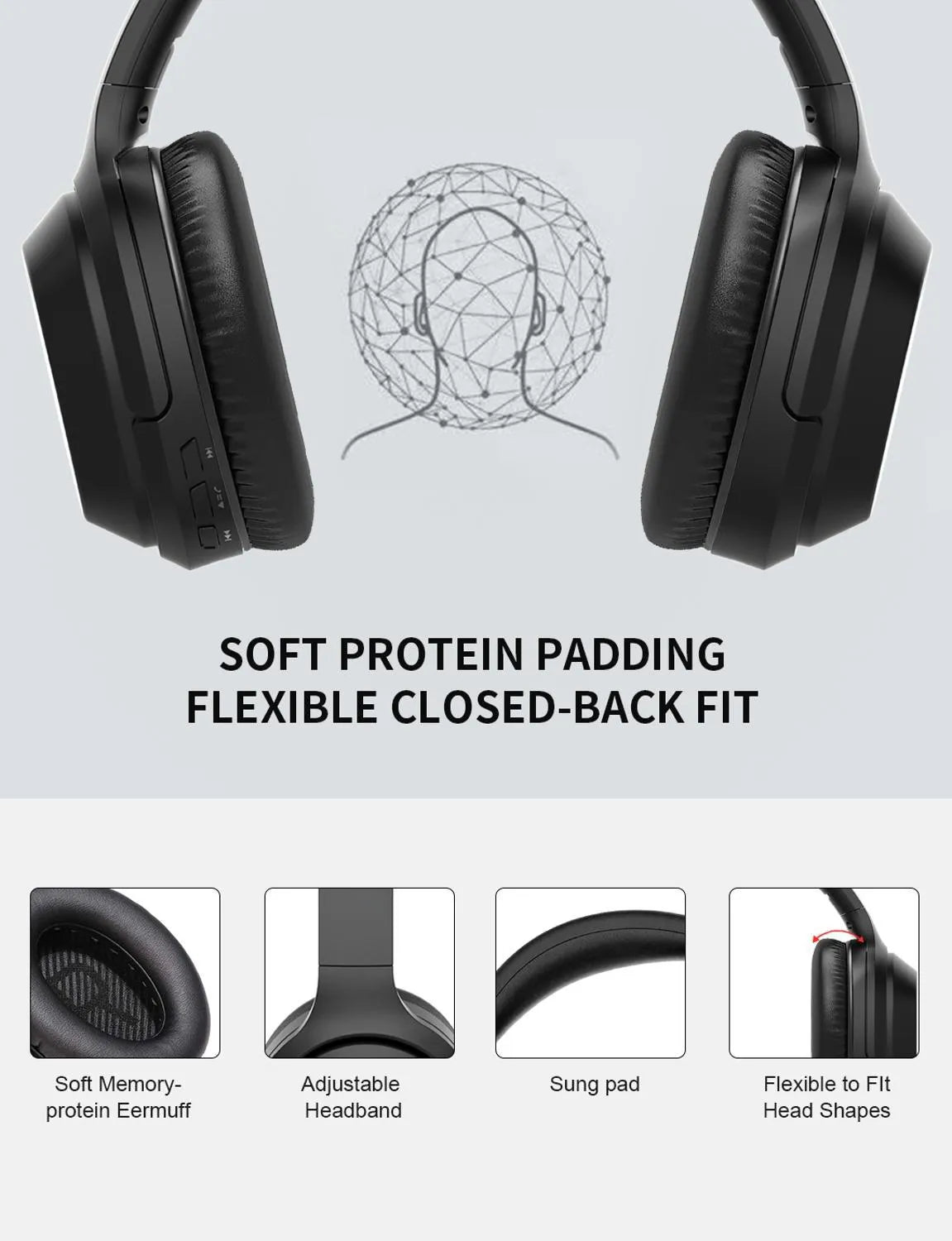 Black Gorsun E98 over-ear wireless Bluetooth headphones with padded headband and memory-protein ear cushions.