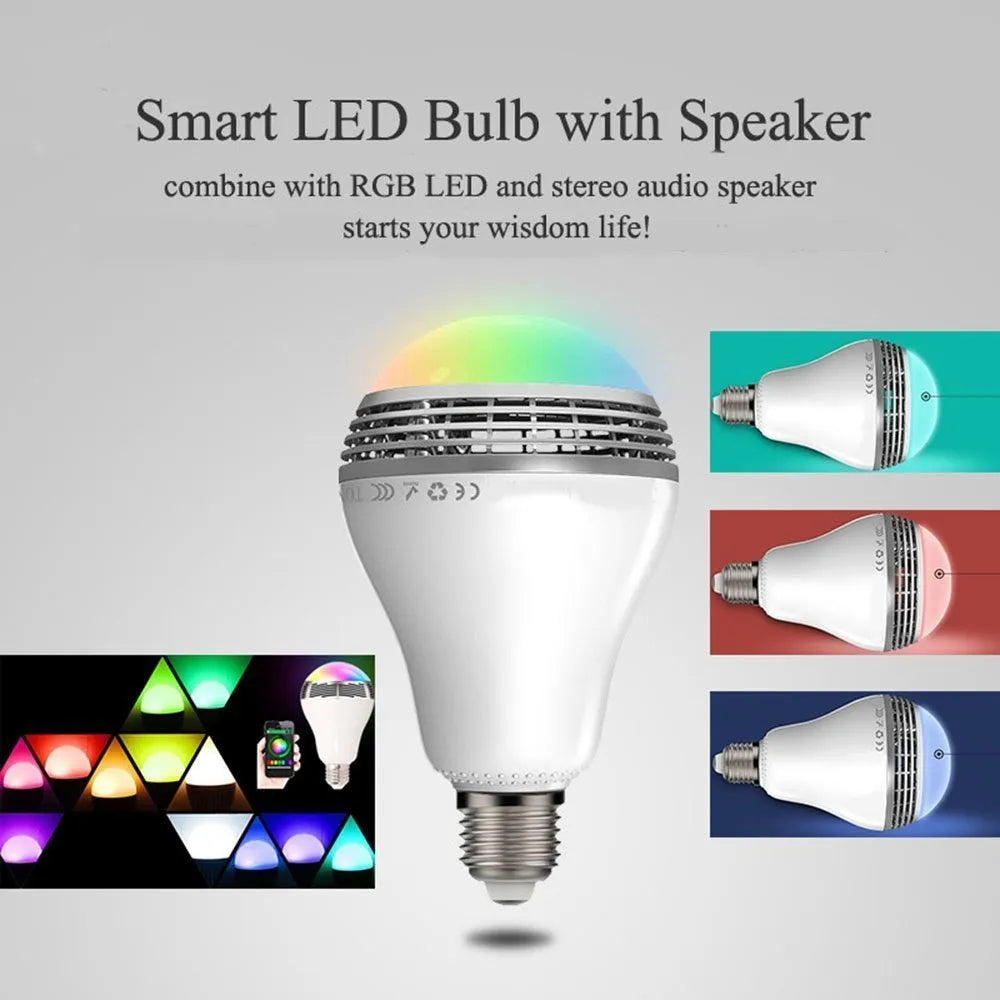 LED Smart Bluetooth Speaker E27 bulb light with white housing, showing E27 base and PC material construction.