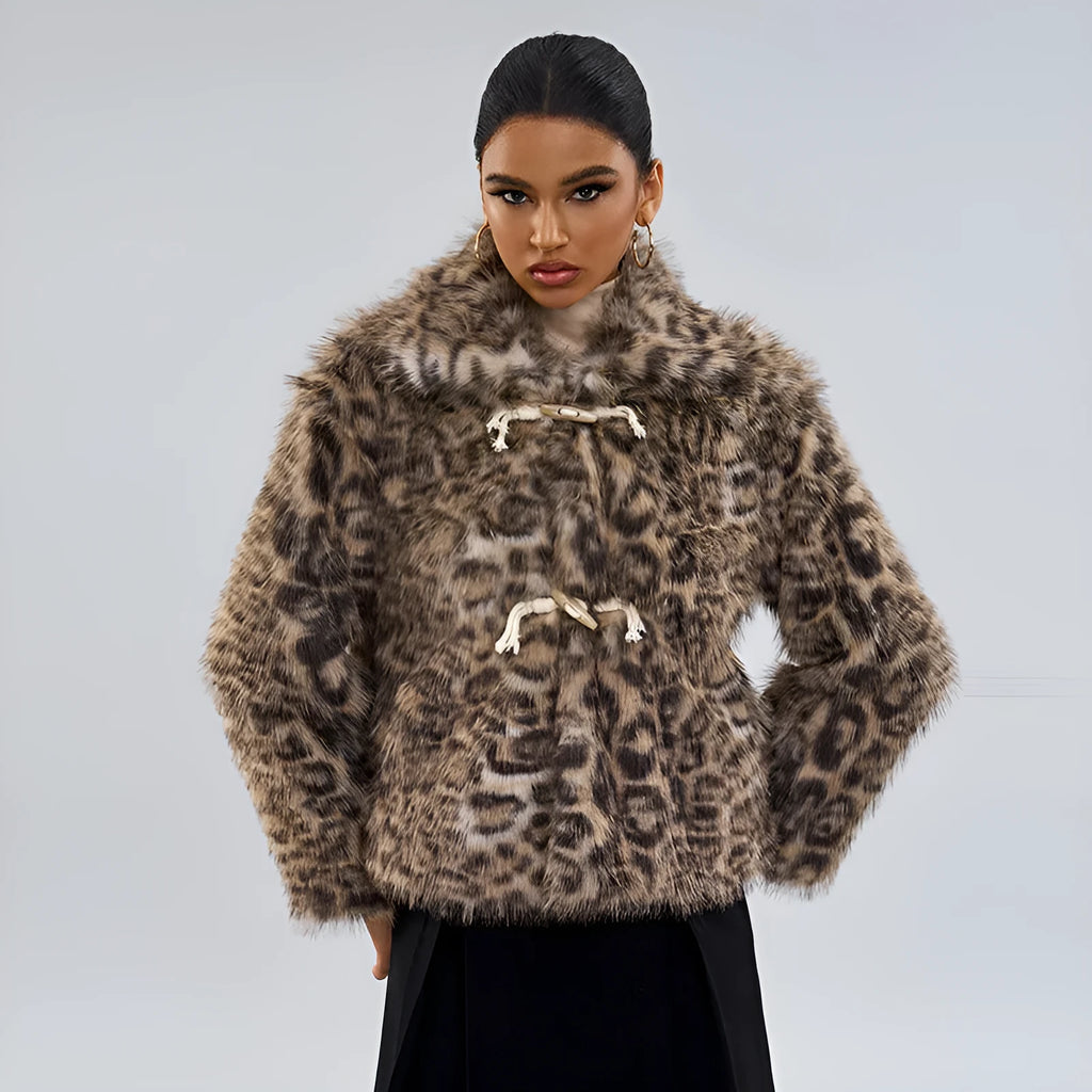 Women's leopard print street fashion coat with a buckle detail on the lapel