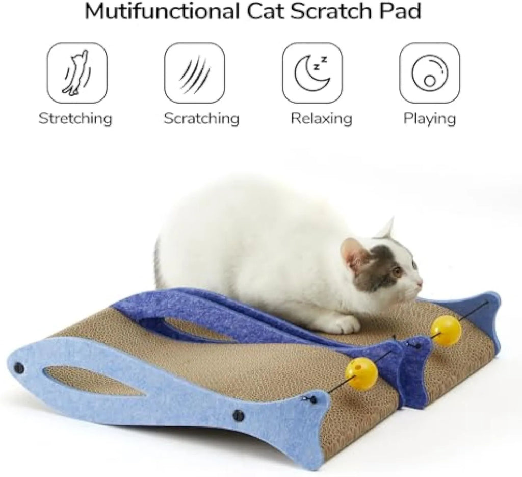 Blue fish-shaped cardboard cat scratcher lounge with a red bell ball toy on an elastic cord.