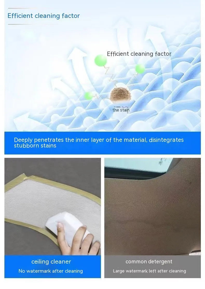 Fabric roof foam decontamination cleaner bottle with towel and sponge wipes for interior car ceilings