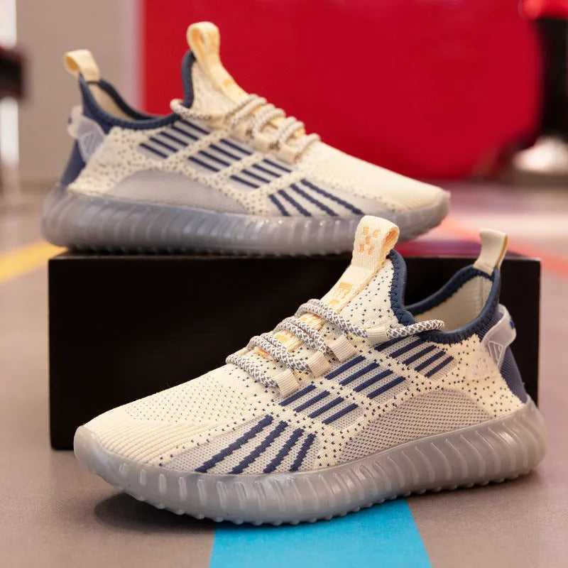 Men's white breathable flying fabric sports shoes with shallow opening and platform heel