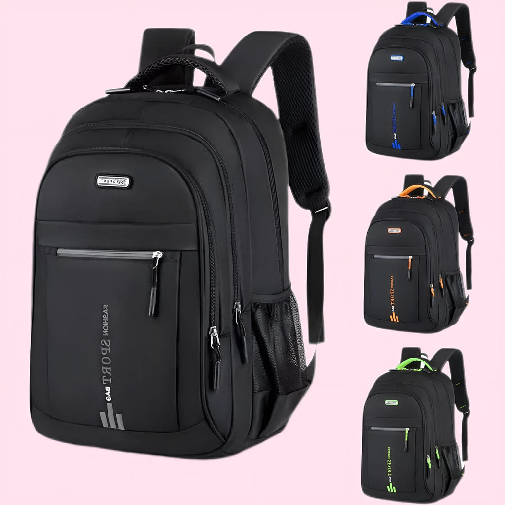 Oxford cloth capacity backpack with airpillow straps showing sewing line detailing in business travel setting