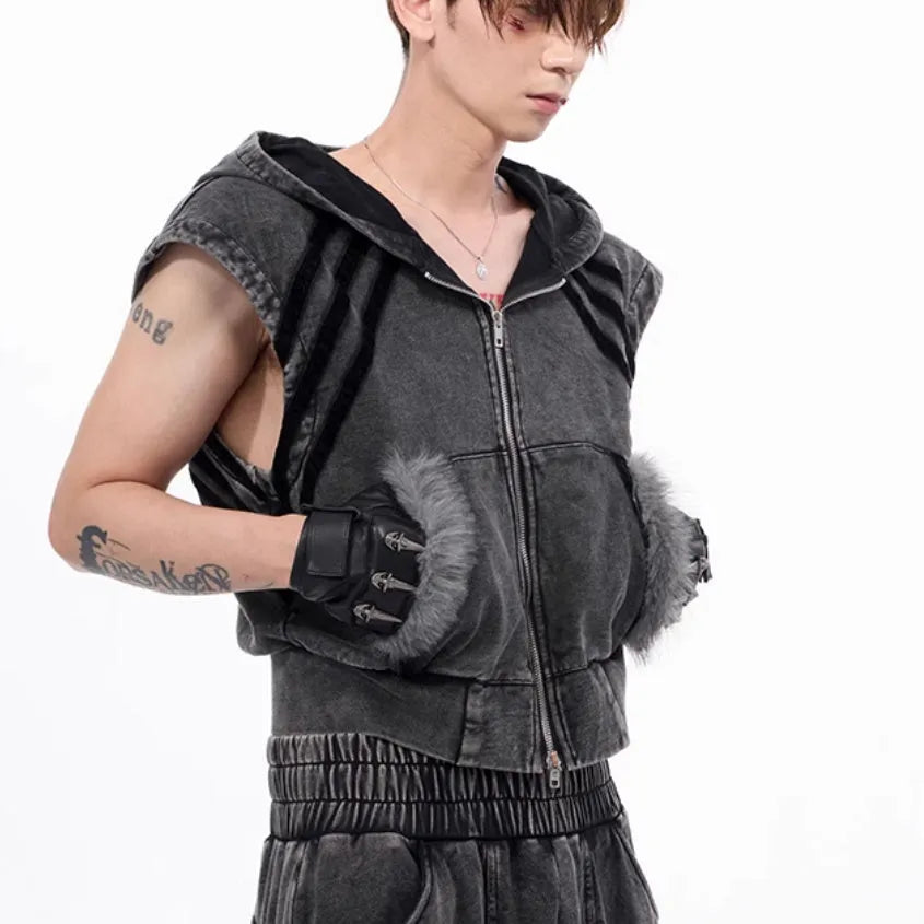 Stitching fur washed sleeveless hooded vest in black and gray - front zipper, short length, Korean style for teenagers