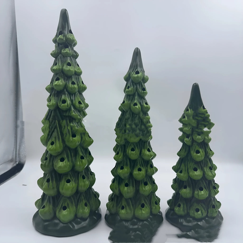 Resin Christmas tree decoration with lights in European style, shown in 20cm, 25cm, and 30cm sizes.