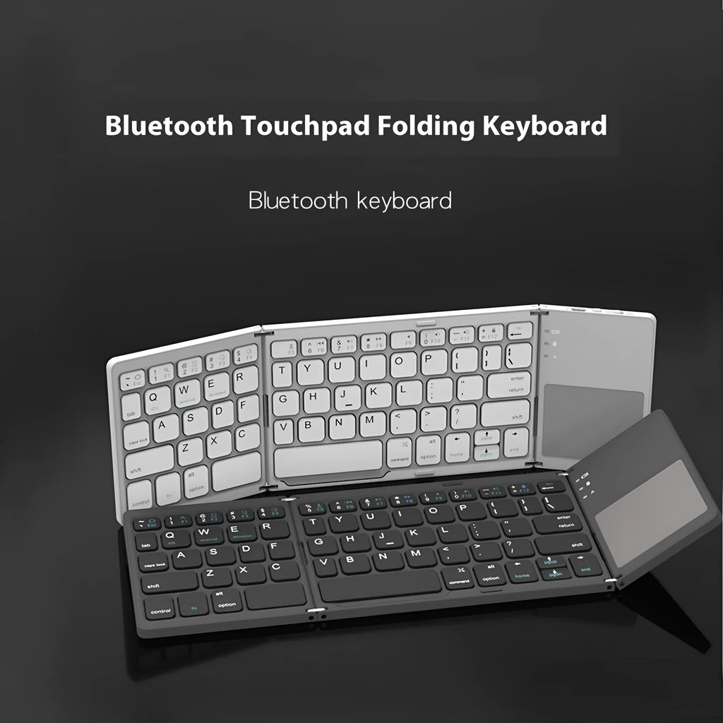 Tri-fold Bluetooth keyboard showing compact folded size next to smartphone for scale