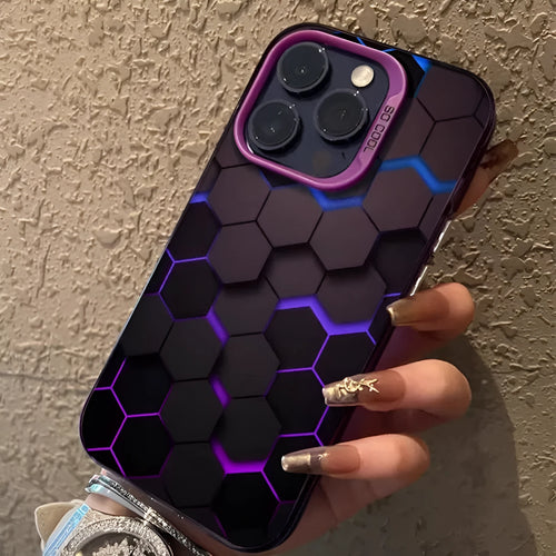 Frosted black iPhone case with a honeycomb square pattern on the back.