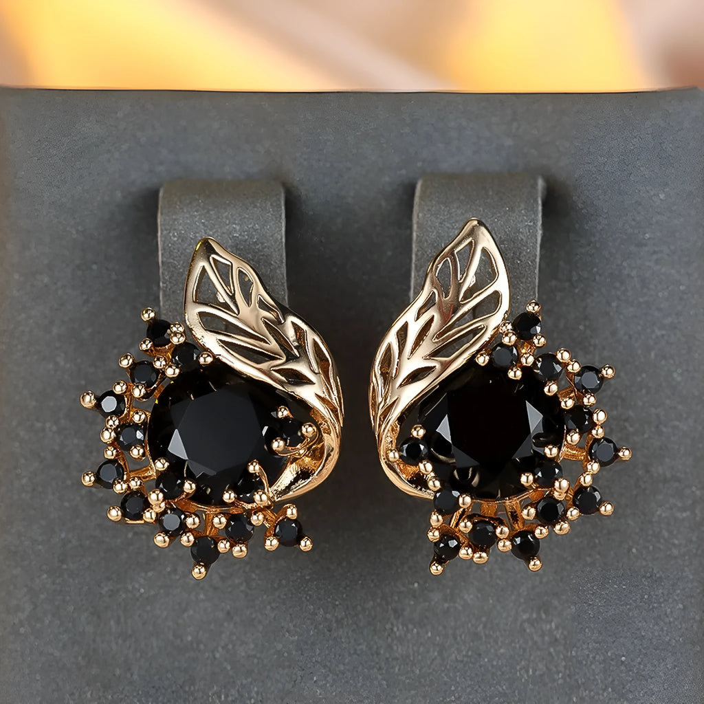 Round flower feather zircon drop earrings with champagne gold electroplate and coloured crystal settings.