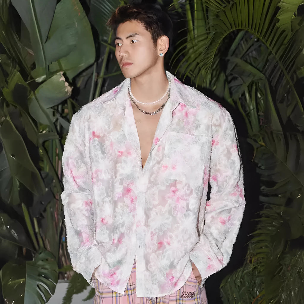 Pink floral long sleeve shirt with embossed pattern and loose fit design