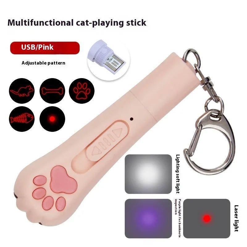 Infrared charging cat teasing stick with laser patterns and LED moonlight lamp in blue colour