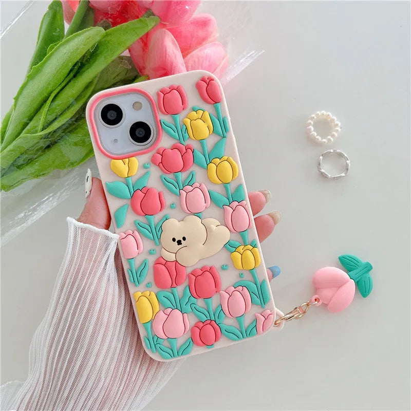 Creative cartoon bear tulip flowers pink silicone phone case with pendant for Apple iPhone