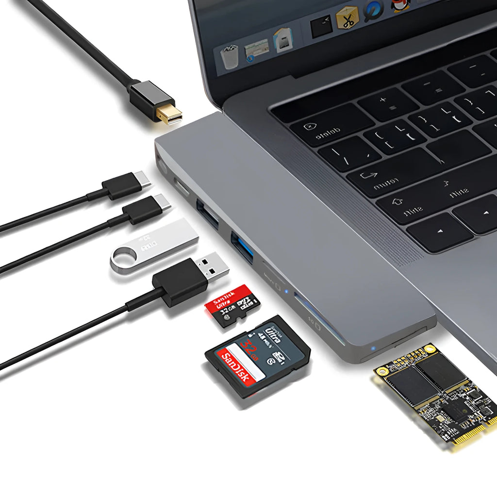 USB-C expansion adapter with eight ports for MacBook Pro showing dual connectors and multiple interface options